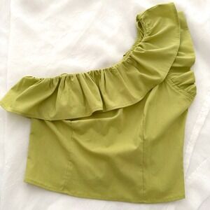 Evolutionary Chartreuse Ruffle One Shoulder Shirt Preppy Streetwear Size X-Small